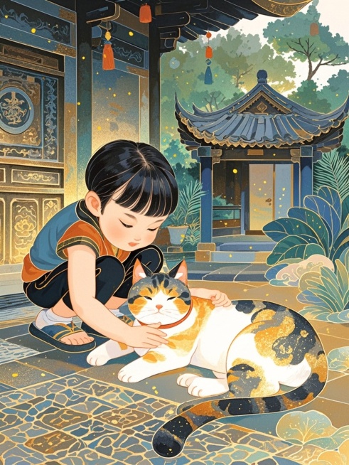 一个小婴儿用手揉猫咪的肚子预览效果