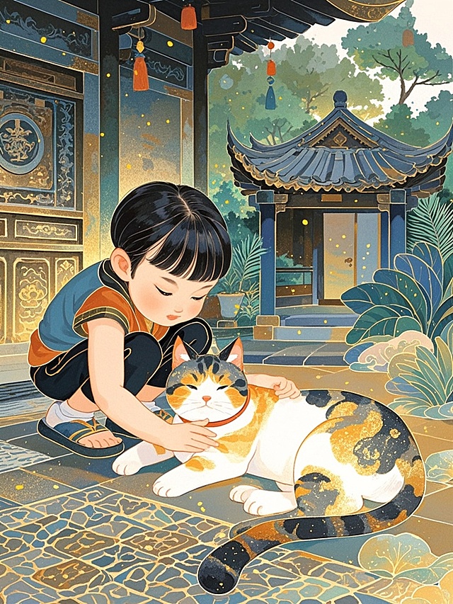 中式古典插画风，温馨拟人猫咪与孩童互动，水墨元素点缀，营造古韵节日氛围。