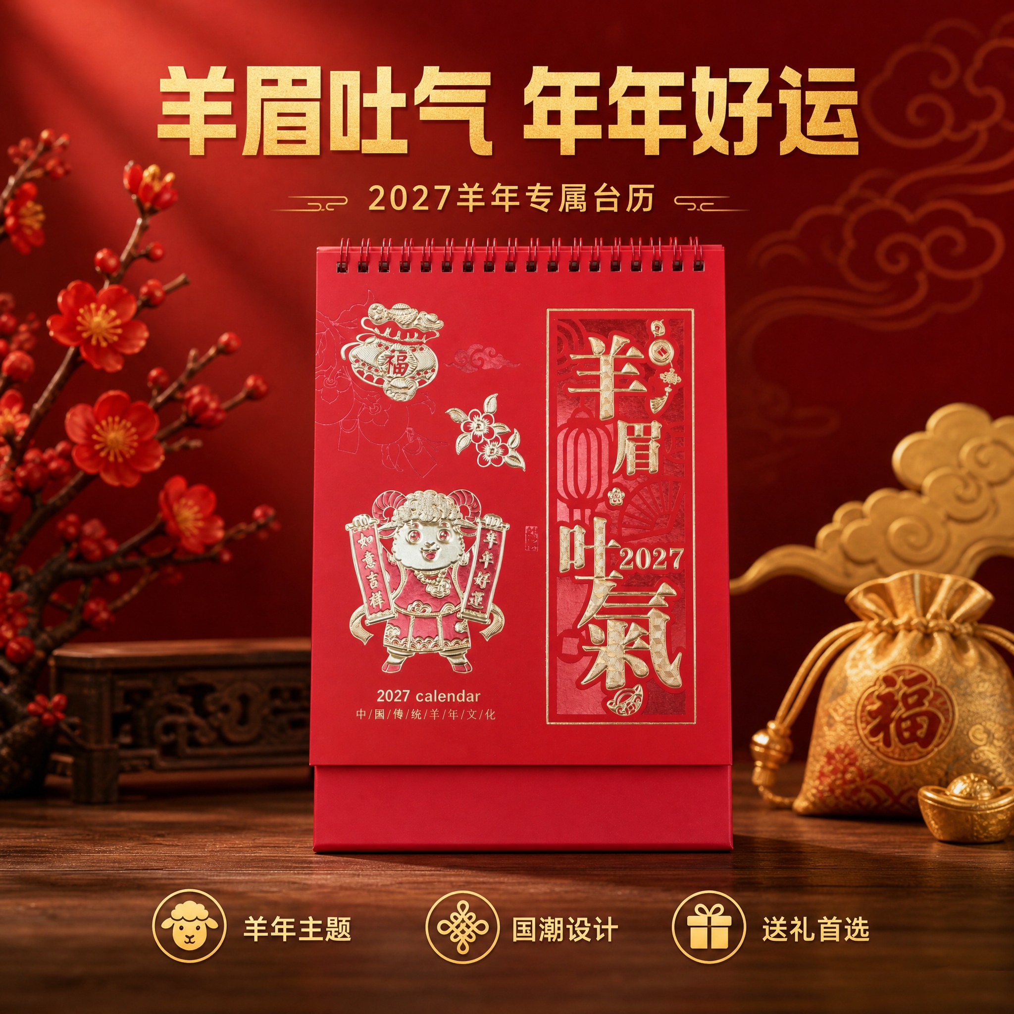 将背景替换为新中式国潮喜庆风格的高级场景。背景为深红色渐变墙面… - 图片创意预览