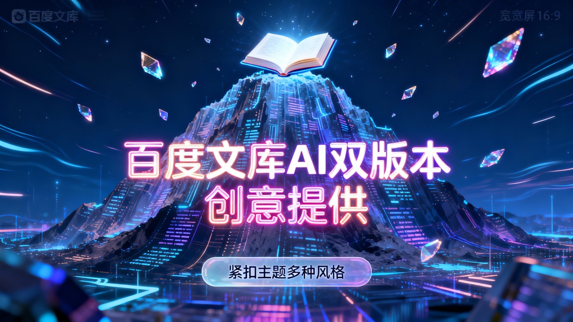 广告图设计成全景宽屏布局，呈现出一种艺术化的科幻场景，其中包含一座由数据流构成的知识山峰，顶峰处有一本闪耀的书本，四周飞舞着代表创意的能量碎片。正中央以霓虹灯管效果的文字书写“百度文库 AI双版本 创预览效果