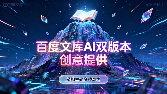 广告图设计成全景宽屏布局，呈现出一种艺术化的科幻场景，其中包含一座由数据流构成的知识山峰，顶峰处有一本闪耀的书本，四周飞舞着代表创意的能量碎片。正中央以霓虹灯管效果的文字书写“百度文库 AI双版本 创意提供”，底部设置了一个半透明的长方形按钮写着“紧扣主题多种风格”。背景运用了深邃的夜空蓝，镶嵌无数流动的光线，营造出沉浸式的视觉体验，表达出科技与人文的完美融合。