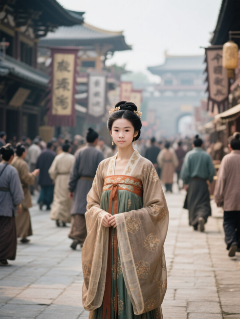 女生正脸看镜头，穿上唐代服饰，贵女打扮，站在唐代繁华的街上，身后是来来往往的唐代百姓，景深效果预览效果
