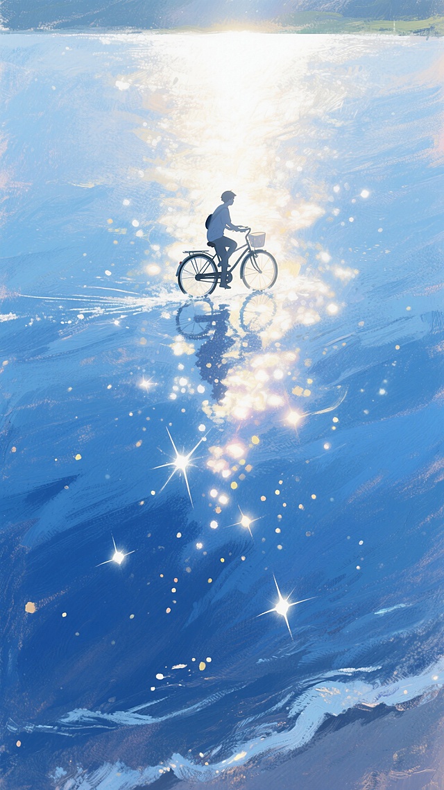 宫崎骏绘画风格，在一片强烈反射阳光的水域。深蓝色的水，中景处可以看到一个骑自行车的人影，人影与明亮的光线形成对比，显得格外渺小，营造出一种梦幻般的意境。胶片质感，弥散颗粒。