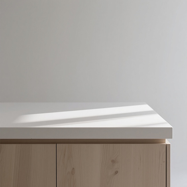 一张极简风格的台面主题展示图，白色背景，台面采用变换样式的浅色木质材料，纹理清晰自然，表面有柔和的光线照射，形成细腻的高光和阴影，整体配色简单纯净，营造出简约、干净、现代的氛围，画面构图简洁，视觉焦点集中在台面上，无其他多余元素干扰。