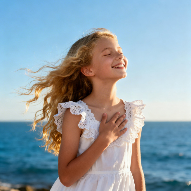 一张超写实的专业人像摄影，15岁左右的外国可爱小女孩，金色长卷发被风吹起一点，闭着眼睛露出灿烂的笑容，4/3的侧脸，下巴上仰10度，一只手放在胸口，穿着带蕾丝荷叶边的白色无袖连衣裙，阳光洒在脸上，全身预览效果