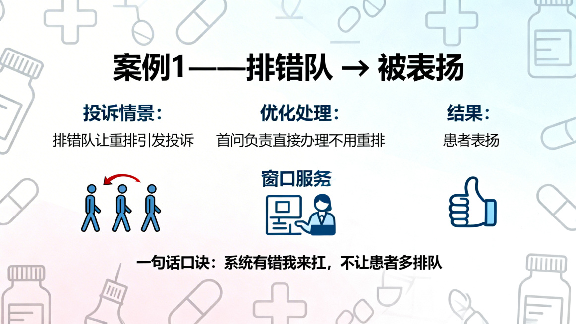 医疗机构药剂科窗口服务培训PPT案例页，标题：案例1——排错队 → 被表扬，保留核心内容：投诉情景排错队让重排引发投诉，优化处理首问负责直接办理不用重排，结果患者表扬，一句话口诀系统有错我来扛，不让患预览效果