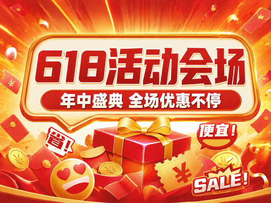 保持原图风格内容不变，修改尺寸为宽750高550比例，有气势营销感的618活动海报，橘红渐变放射背景，红金配色，整体热闹喜庆。主标题文字"618活动会场"，副标题文字"年中盛典 全场优惠不停"，右下角预览效果