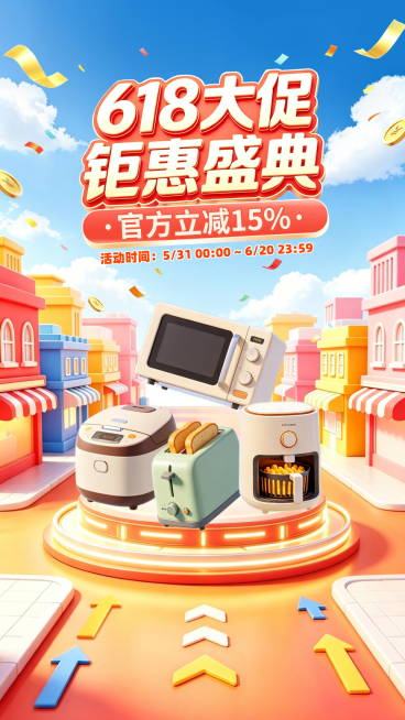 618年中大促活动宣传卡通促销感竖版海报预览效果