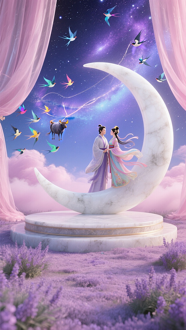 梦幻插画风，3D角色在超现实月牙上相拥，浪漫唯美，七夕佳节氛围浓厚。