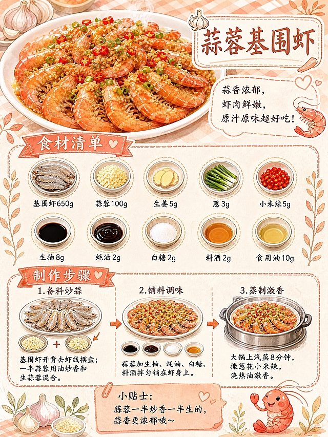 参照参考图的版式骨架和手绘食谱风格，重新设计一款蒜蓉基围虾的菜谱制作步骤海报，换一个全新的色调（蒜白色+淡橙红色系，鲜香海鲜风格，手绘插画风）。

版式严格参照参考图结构，从上到下依次为：
1. 顶部：一盘鲜香诱人的蒜蓉基围虾美食实拍图，基围虾色泽红亮，铺满金黄蒜蓉，点缀绿色葱花和红色小米辣，热气腾腾，摆放在白色大盘子里，右上角有手写风格标题框，写着「蒜蓉基围虾」五个大字。标题下方右侧有一句描述语：「蒜香浓郁，虾肉鲜嫩，原汁原味超好吃！」
2. 食材清单区：淡橙红色丝带标签写着「食材清单」，下方10个圆形食材小图分两排排列，每个圆图下方标注食材名和克数，依次为：「基围虾 650g」「蒜蓉 100g」「生姜 5g」「葱 3g」「小米辣 5g」「生抽 8g」「蚝油 2g」「白糖 2g」「料酒 2g」「食用油 10g」
3. 制作步骤区：淡橙红色丝带标签写着「制作步骤」，下方分3步横向排列，每步有编号+小标题+小图+说明文字：
「1. 备料炒蒜」基围虾开背去虾线摆盘；一半蒜蓉用油炒香和生蒜蓉混合。
「2. 铺料调味」蒜蓉加生抽、蚝油、白糖、料酒拌匀铺在虾身上。
「3. 蒸制激香」大锅上汽蒸8分钟，撒葱花小米辣，浇热油激香。
4. 底部小贴士区：淡橙红色便签样式，写着「小贴士：蒜蓉一半炒香一半生的，蒜香更浓郁哦～」，旁边配可爱的虾或大蒜小插画。

整体风格：鲜香海鲜手绘风，蒜白+淡橙红为主色调，米黄色纸张质感背景，植物枝叶装饰，可爱手写字体，排版精美，所有文字清晰可读。

画面中必须完整呈现以下文字信息：蒜蓉基围虾、蒜香浓郁，虾肉鲜嫩，原汁原味超好吃！、食材清单、基围虾650g、蒜蓉100g、生姜5g、葱3g、小米辣5g、生抽8g、蚝油2g、白糖2g、料酒2g、食用油10g、制作步骤、1.备料炒蒜 基围虾开背去虾线摆盘；一半蒜蓉用油炒香和生蒜蓉混合。、2.铺料调味 蒜蓉加生抽、蚝油、白糖、料酒拌匀铺在虾身上。、3.蒸制激香 大锅上汽蒸8分钟，撒葱花小米辣，浇热油激香。、小贴士：蒜蓉一半炒香一半生的，蒜香更浓郁哦～
所有数字必须精确渲染，不得出现错字、漏字。