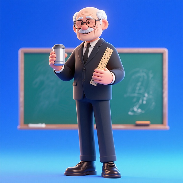 老年男教师（拿保温杯和尺子，穿皮鞋），全身，元素完整。蓝色渐变背景