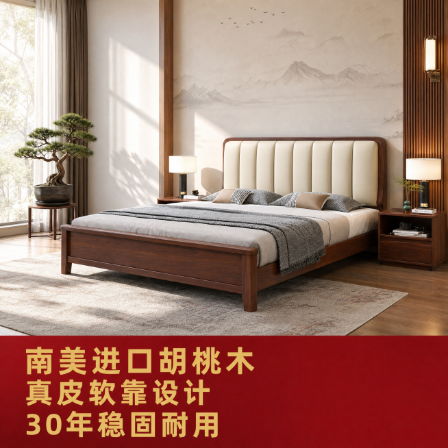 [单张主图] 东方美学国潮新中式胡桃木实木软靠床，高级氛围感主图，同时承担点击、理解、信任、转化四个任务，展示产品在真实国潮新中式家居环境中的美感。
[画面主体] 保持胡桃木实木软靠床的外观（物理结构预览效果