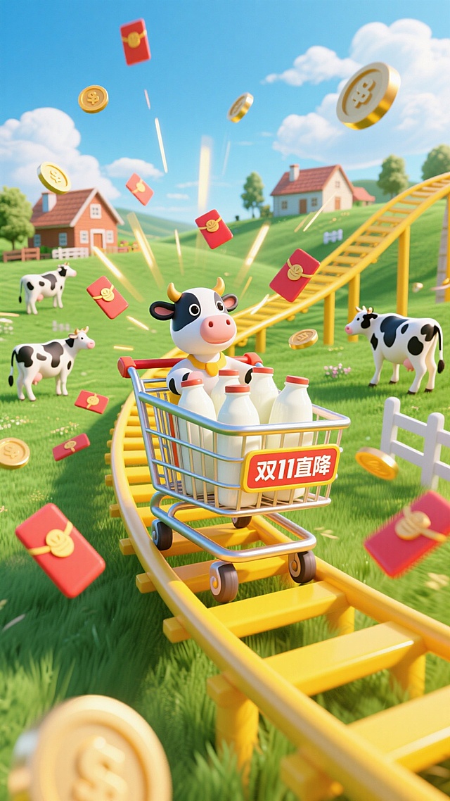 主视觉为装满牛奶的购物车在黄色过山车轨道上快速滑行，购物车上写“双11直降”，背景包含绿色草地，乡村农舍和蓝天白云。草地上有奶牛。很多红包和金币在购物车旁呈放射性从远处向屏幕前来。