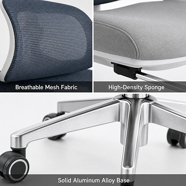[Main Image 4] Material detail close-up display. Keep the product appearance (physical structure, material texture, color) completely consistent with the input product image. This picture focuses on showing the core material details of the product. Divide the picture into three equal grid layouts, each grid displays a key material: 1. upper left: close-up of breathable mesh backrest, with text label "Breathable Mesh Fabric", 2. upper right: close-up of high-density cushion sponge, with text label "High-Density Sponge", 3. bottom: close-up of aluminum alloy five-star base, with text label "Solid Aluminum Alloy Base". Each grid keeps the original material details, picture full screen without border, all text in English. Commercial macro photography, clear texture, prominent material. Proportion resolution: 1:1 ratio, 2048x2048 pixels, 2K resolution. Negative prompt: Deformation, watermark, text confusion, product picture blurred, messy background, Chinese characters.
