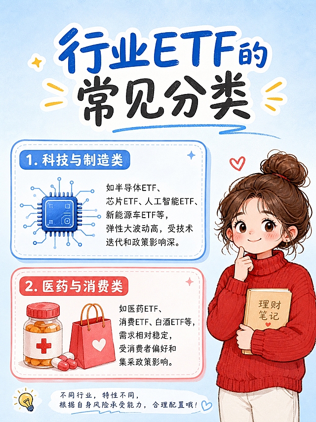 小红书理财科普图文，3:4竖版，2K分辨率，清新手绘插画风，避免使用绿色。标题："行业ETF的常见分类"。内容分三个彩色卡片：1.科技与制造类：蓝色芯片图标，说明"如半导体ETF、芯片ETF、人工智能ETF、新能源车ETF等，弹性大波动高，受技术迭代和政策影响深"。2.医药与消费类：红色药瓶+购物袋图标，说明"如医药ETF、消费ETF、白酒ETF等，需求相对稳定，受消费者偏好和集采政策影响"。右侧放置丸子头穿红色毛衣的卡通女孩形象。背景浅蓝渐变，版式整齐。