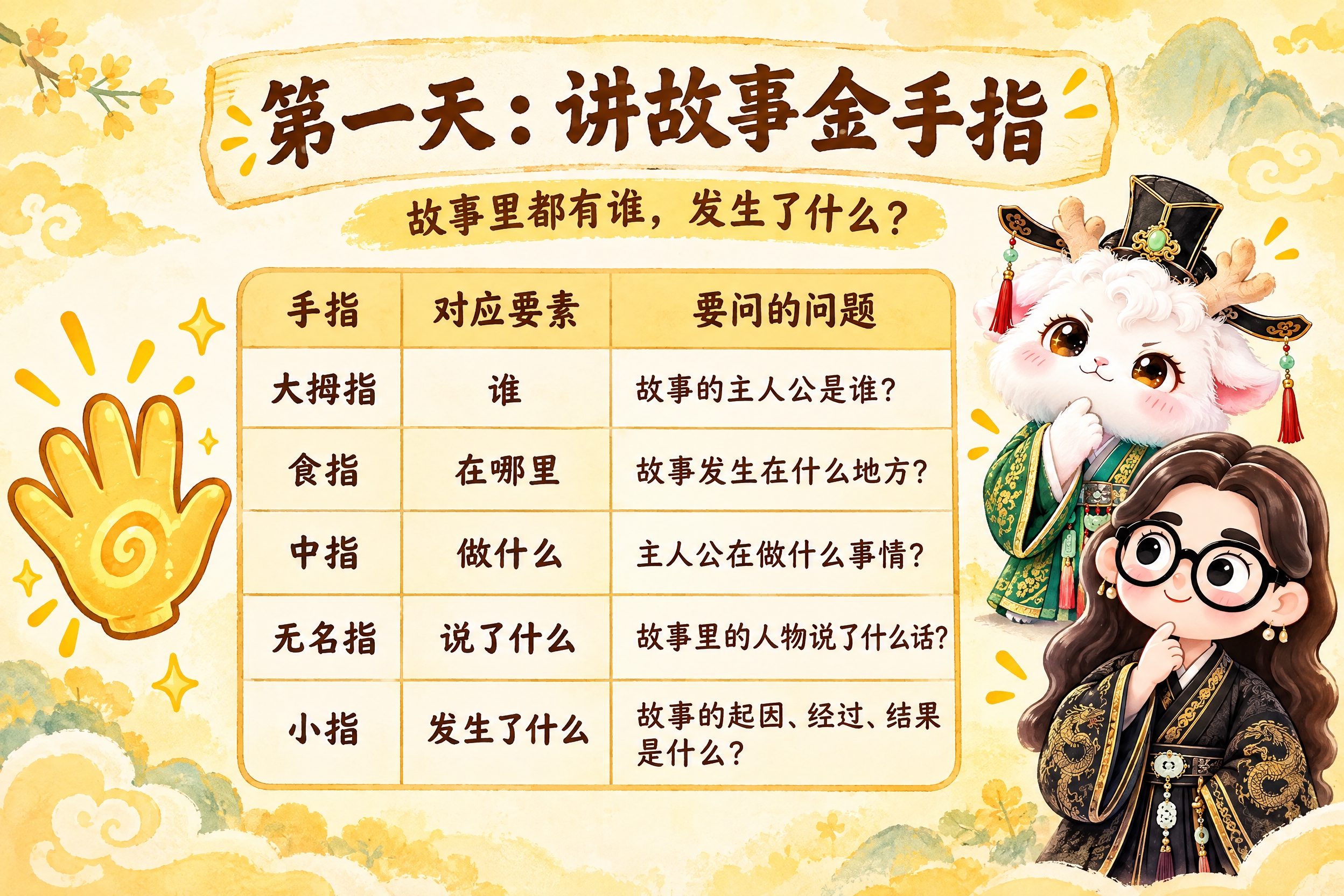 横版6寸比例的知识卡片设计，标题为"第一天：讲故事金手指"，副… - 图片创意预览
