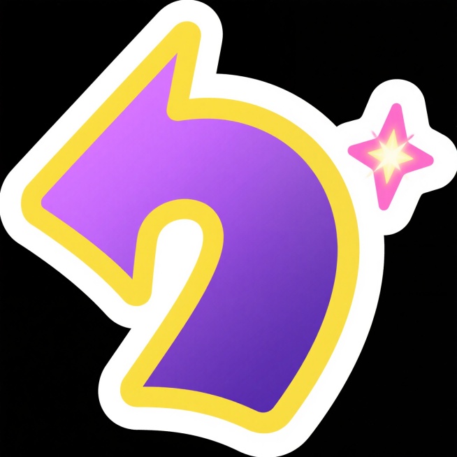一个卡通风格的紫色箭头图标，箭头整体呈向左上方弯曲的形状，边缘有一圈柠檬黄描边，箭头内部为渐变的薰衣草紫与深茄紫，箭头头部右侧有一个荧光粉的高光线条和一个星形光斑，整体设计简洁、扁平化，色彩鲜明，具有梦幻俏皮的视觉效果，背景为纯白色。预览效果