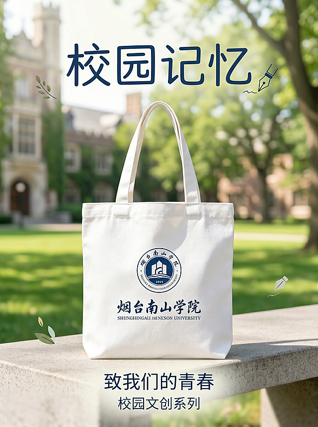 校园文创帆布袋宣传海报，青春活力简约清新风格，包含图中的烟台南山学院帆布袋产品，添加主题文字“校园记忆”，面向学生群体，校园户外背景，简约干净排版