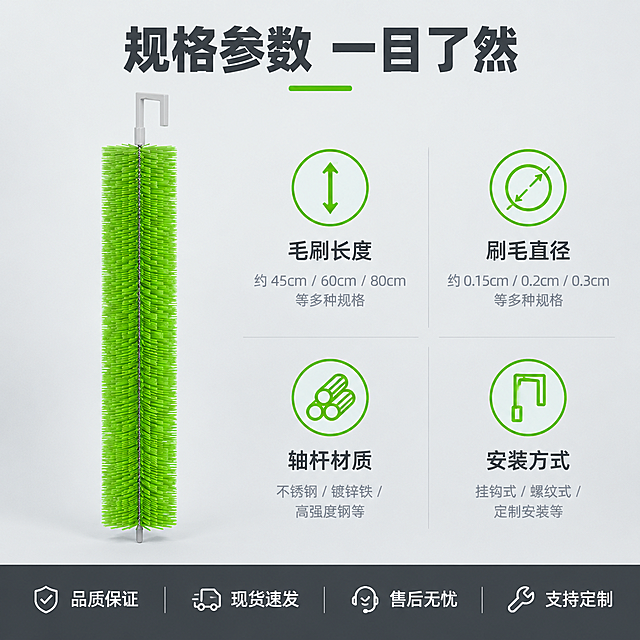 [主图-5] 规格参数与服务，主题：规格齐全 品质保障。
[统一基调] 国内电商五金配件风格，浅灰工业底色，主标题深灰加粗无衬线字体，强调色用鲜绿色，辅助文字浅灰色，整体清爽规整、专业品质感。
[画面] 画面左侧为消音毛刷产品正视图，占画面约40%，产品完整展示，鲜绿色刷毛，顶部白色挂钩，外观与输入图一致。右侧为规格参数区域，用4组图标+文字横向排列展示参数：毛刷长度、刷毛直径、轴杆材质、安装方式，每组上方一个简约线性图标，下方文字说明。画面顶部居中主标题"规格参数 一目了然"。底部一条深灰色服务条，从左到右依次写：品质保证 现货速发 售后无忧 支持定制。
[光影质感] 产品商业棚拍光，底部轻微接触阴影。参数区干净平整。
[配色] 背景浅灰，主标题深灰，参数文字深灰，图标鲜绿色，服务条深灰底白字。
[文字版式] 顶部主标题加粗大号居中。右侧参数区2行2列图标+文字组合，整齐排列。底部服务条四项等距分布。
[输出要求] 比例1:1，2K高清，产品清晰，文字清晰可读，排版整齐，无水印无平台logo。