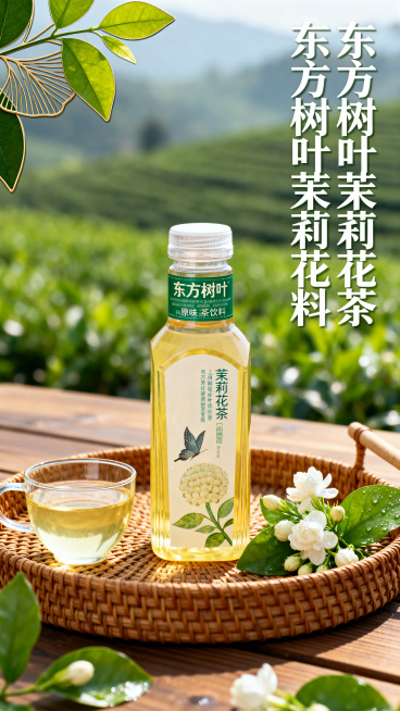 商业宣传海报，主题为东方树叶茉莉花茶原味茶饮料，构图：瓶身居中放置，左侧搭配装满茶汤的玻璃杯，右侧点缀新鲜茉莉花，主体摆放在木质桌面的藤编托盘上，左上角有叶片装饰，醒目标题放置在画面右上区域，层次分明预览效果