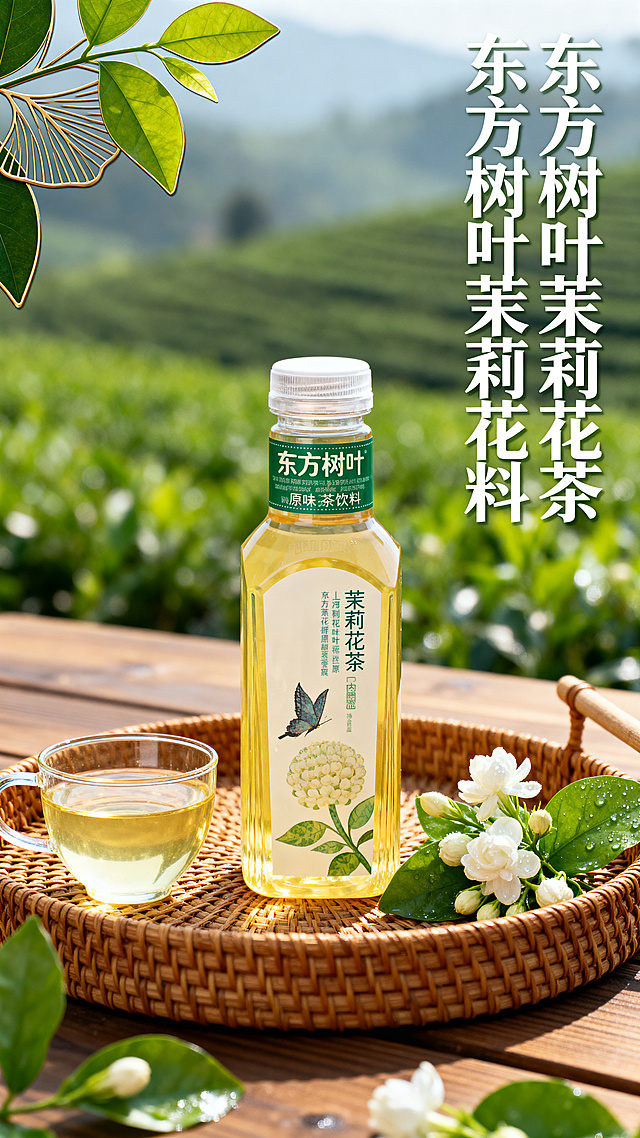 商业宣传海报，主题为东方树叶茉莉花茶原味茶饮料，构图：瓶身居中放置，左侧搭配装满茶汤的玻璃杯，右侧点缀新鲜茉莉花，主体摆放在木质桌面的藤编托盘上，左上角有叶片装饰，醒目标题放置在画面右上区域，层次分明，实景商业产品摄影风格，自然清新，柔和自然的室外自然光，明暗层次分明，产品质感突出，背景虚化柔和，通透的PET塑料瓶身，清澈淡黄色茶汤，真实木质桌面，天然藤编托盘，新鲜带露的茉莉花与绿叶，光滑透明玻璃杯，瓶身标签图案清晰，背景是朦胧虚化的户外绿色茶园，整体氛围清爽自然，印刷文字清晰醒目，产品细节还原真实，高清晰度，8K质感