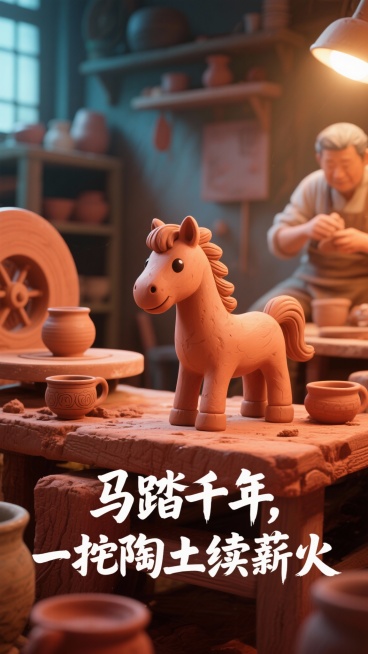 卡通风格，一匹陶土质感的手工雕塑马，背景是工匠工作室，拟人化，小马造型灵动有趣，陶轮转盘上还有精美的陶瓷茶具从泥土中成型。旁边有位专注的工匠。强调传承与温度。色调为陶土赭红。画面下方有手写有力的字体“预览效果
