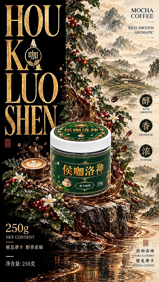 电商商品海报，9:16竖版，国风水墨高端风格，黑金棕配色，摩卡咖啡醇香主题。

【产品保真硬约束】画面中央的侯咖洛神檀息摩卡咖啡罐装产品，外形必须与上传的第一张产品图100%完全一致：圆柱形透明罐身、白色圆形宽边瓶盖、深绿色标签带金色装饰线、标签上的「侯咖洛神」金色大字、「摩卡咖啡」金色徽章、「250g」字样、罐身的咖啡杯和咖啡豆花朵图案，全部原样保留，不得改变罐型、瓶盖样式和标签设计。产品罐放置在画面中央偏下的石台上，正面朝向清晰展示。

【精确复刻参考图版式】严格按照第二张三果演绎海报的文字排版位置、大小比例、字体层级、左右分栏布局一模一样复刻，仅替换文案内容为摩卡咖啡主题：
- 左侧黑色区域：竖排超大英文大字「HOU」「KA」「LUO」「SHEN」金色字体，分四行排列，位置、大小与参考图完全一致；第二行KA中间有圆形徽章内有「咖」字，位置与参考图「果」字徽章一致
- 左侧底部：「250g」金色大字，下方英文「NET CONTENT」，再下方「檀息摩卡 醇香浓郁」，最底部「净含量: 250克」，位置与参考图完全一致
- 右上角：「THREE FRUITS」改为「MOCHA COFFEE」，下方「ORANGE LEMON PINEAPPLE」改为「RICH SMOOTH AROMATIC」，位置与参考图完全一致
- 右侧中部：三个圆形徽章从上到下分别为「醇」「香」「浓」，每个徽章下方对应英文和小字说明，位置、大小与参考图完全一致
- 右下角底部：「侯咖洛神 HOUKA LUOSHEN 三果演绎 THREE FRUITS」改为「侯咖洛神 HOUKA LUOSHEN 檀息摩卡 MOCHA COFFEE」

【背景元素根据摩卡咖啡口味变化】将参考图中的热带果园水果元素全部替换为咖啡庄园山水元素：
- 左右分栏布局不变，左侧纯黑背景，右侧水墨山水背景
- 右侧水墨：水墨风格的咖啡庄园山水，远处有水墨山峦云雾，近处有水墨风格的咖啡树，挂满红色的咖啡果和白色咖啡花，深绿的咖啡叶，深棕色的咖啡液/水流效果从产品罐周围蔓延，墨色以深棕色、咖啡色、墨绿色为主，形成咖啡醇香水墨流动感
- 产品罐周围：水墨风格的深棕色咖啡液流动，飞溅的咖啡液滴化为咖啡豆、咖啡花、咖啡叶
- 左下角前景：新鲜的咖啡豆、带水珠的咖啡叶和咖啡花，旁边有一杯拉花咖啡，与参考图中橙子柠檬位置对应
- 石台：深色水墨质感的石头台面上放置产品罐，周围有水墨风格的深棕色咖啡液涟漪
- 整体色调：黑金棕为主，点缀深棕、咖啡红的咖啡醇香色调，高端大气，醇厚浓郁

【光影与氛围】产品罐打光精致，高光清晰，石台有倒影，整体国风水墨高端质感，细节精致，版式精美，咖啡醇香与品质感兼具。

画面中所有数字必须精确渲染，不得错位、遗漏或编造。画面中所有信息区域必须填充完整合理的内容。