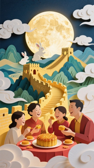 近景是一家人吃月饼，中间插入北京长城和山河，背后是圆月，圆月里面有月兔，画面四周祥云环绕，画面整体充满喜庆和华丽预览效果