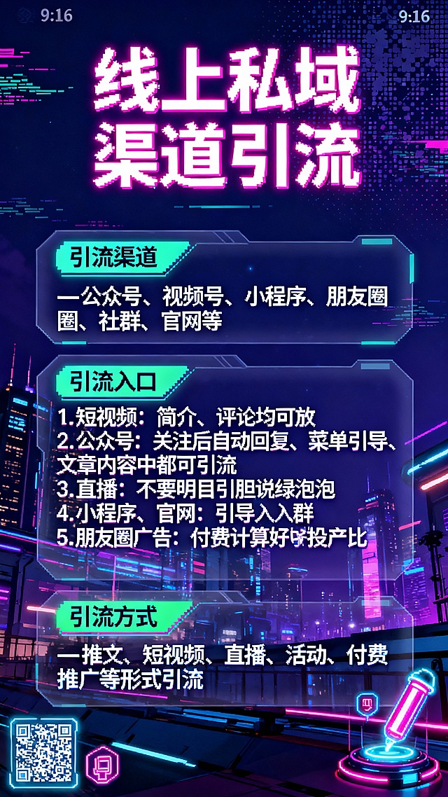 ### 🎨 赛博风图片生成指令（9:16竖版 全套4张）
#### **通用设定（4张图统一）**
- **尺寸**：9:16（竖版手机适配）
- **风格**：赛博朋克，主色调深邃蓝紫，点缀霓虹粉、电光绿；背景加未来都市夜景+故障艺术（Glitch）光斑；文字用棱角分明的像素科技字体，带2px霓虹发光描边；每个模块用半透明全息投影边框分隔
- **排版逻辑**：顶部大标题（霓虹粉发光）+ 模块小标题（电光绿高亮）+ 正文（白色清晰像素字），角落加小型赛博元素装饰（如全息二维码、霓虹灯管图标）

---



### **图4：人网私域渠道引流**
**标题**：线上私域渠道引流（顶部居中，大号霓虹粉发光字）
**内容区块**
引流渠道
- 公众号、视频号、小程序、朋友圈、社群、官网等

引流入口
1.  短视频：简介、评论均可放
2.  公众号：关注后自动回复、菜单引导、文章内容中都可引流
3.  直播：不要明目张胆说绿泡泡
4.  小程序、官网：引导入群
5.  朋友圈广告：付费计算好投产比

引流方式
- 推文、短视频、直播、活动、付费推广等形式引流