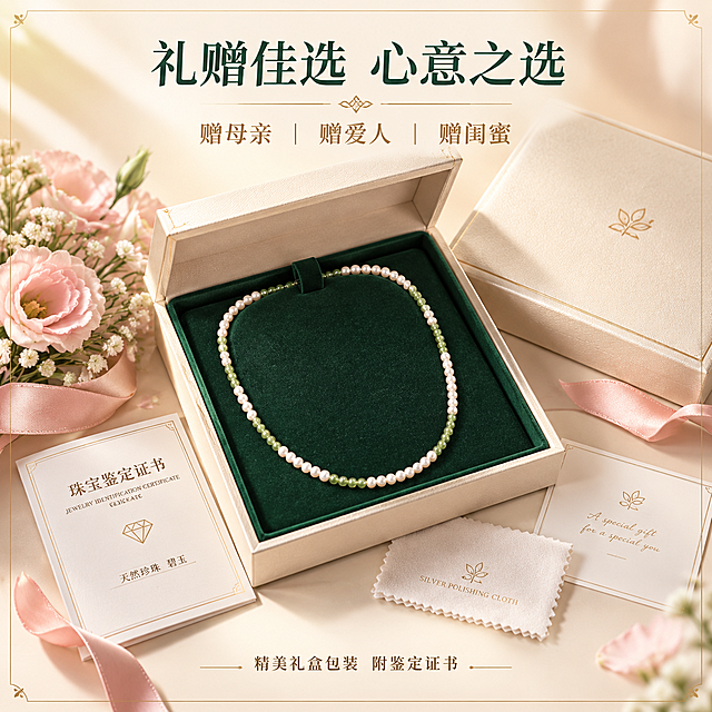 [主图-5] 淡水珍珠碧玉项链礼赠场景图，突出送礼价值与礼盒包装。
[统一基调] 整体风格为轻奢珠宝质感，背景主色为奶油米白搭配浅香槟金渐变，标题字色为深墨绿，辅助字色为暖金色，强调色为珍珠白，字体为优雅衬线体，字号层级分明，卡片与边框采用极细金线装饰，整体克制精致。
[画面] 打开的高级米白色首饰礼盒居中，盒内深绿色绒布内衬上摆放着项链，旁边配有珠宝鉴定证书小册、擦银布与品牌卡片，礼盒旁有一束浅粉色小花与丝带点缀，营造浪漫礼赠氛围。视角为45度俯拍，礼盒与内容物占画面约60%。
[光影质感] 温馨柔光摄影质感，光线从左上方洒下，礼盒边缘有柔和高光，绒布质感细腻，项链在盒内光泽温润，整体氛围温暖有仪式感。
[配色] 奶油米白背景 + 米白礼盒 + 深绿绒布内衬 + 暖金装饰 + 珍珠碧玉项链 + 浅粉花束点缀，整体色调温馨高级。
[文字版式] 画面上方主标题"礼赠佳选 心意之选"，深墨绿色衬线体；下方一行小字"赠母亲 赠爱人 赠闺蜜"，暖金色中号字体；底部有"精美礼盒包装 附鉴定证书"更小字号说明。所有文字位于画面上下负空间，不遮挡礼盒主体。
[输出要求] 1:1正方形比例，2048*2048像素，场景氛围温馨，产品清晰。负向：变形、错字、模糊、杂乱、水印、平台Logo、廉价包装感、虚假认证标识。