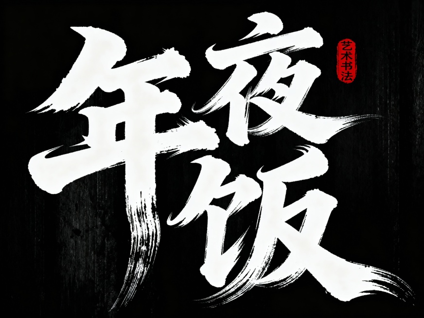 黑底白字，毛笔手写风格的“年夜饭”艺术字体，具有极强的艺术写作风格，视觉震撼，笔画带有水墨笔刷效果，笔画巧妙延长并进行设计变形，字体旁边有小印章“艺术书法”预览效果