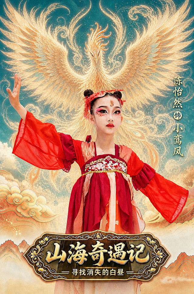 保持图中人物和右侧竖排文字"陈怡然饰小鸾凤"完全不变，只将背景中的鸾凤虚影替换成正面展翅的凤凰形态。凤凰正面朝向观众，双翅完全展开，气势恢宏，羽毛华丽绚丽，带有仙气，作为背景虚影在人物后方。不要毕方鸟的独足形态，要完整的正面展翅凤凰。人物和文字保持原样不动，整体国风氛围和色调不变，光影协调，高级有设计感。