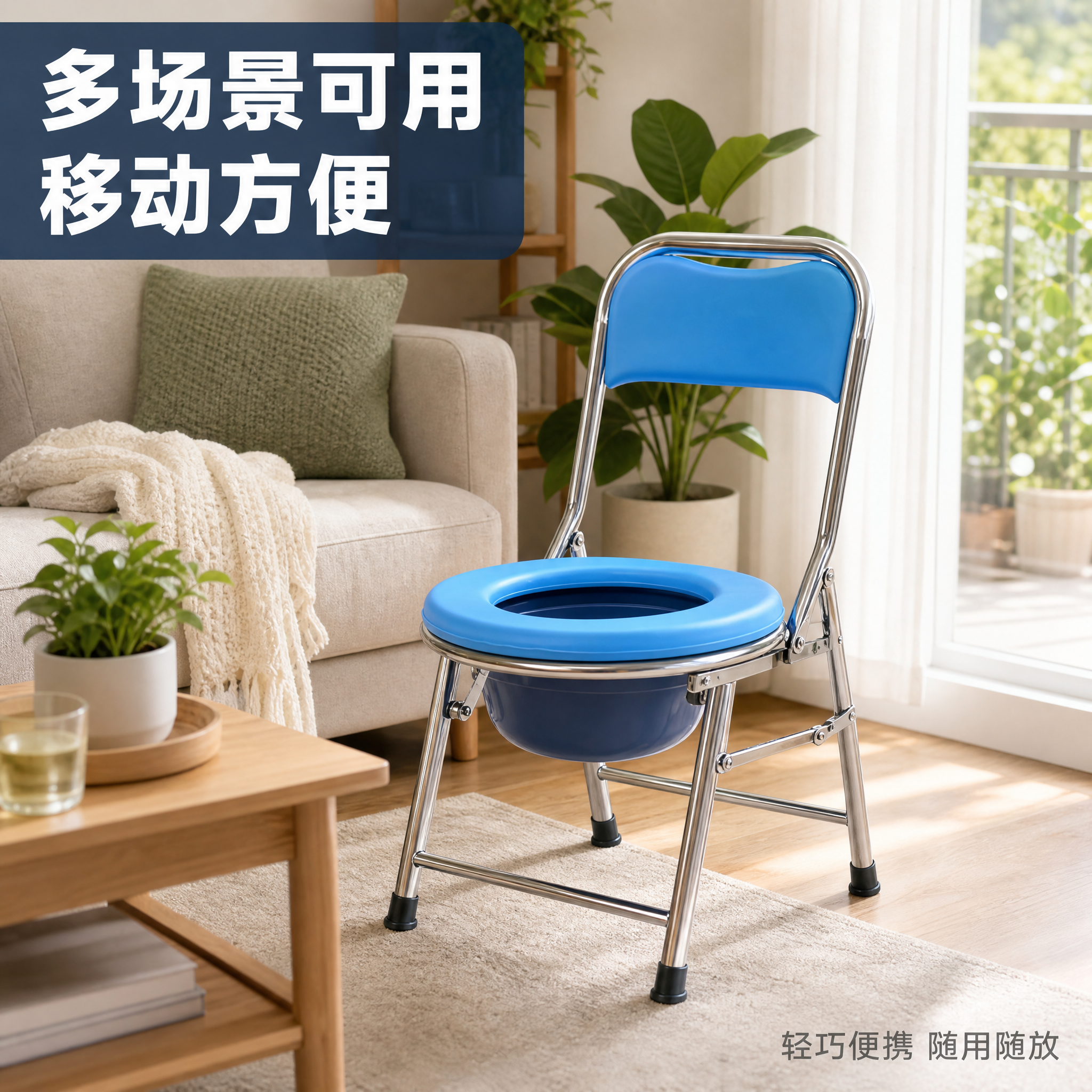 [主图-3 蓝色扁管款] 场景使用图，展示坐便椅在阳台/客厅多… - 图片创意预览