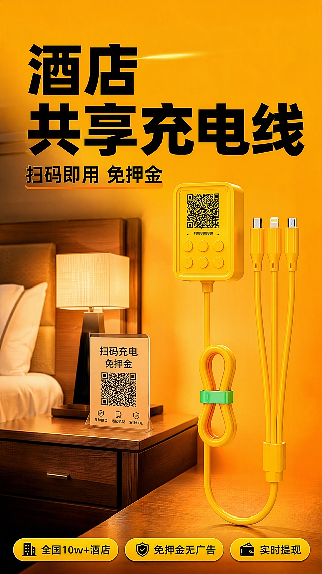 [第1张] 详情页头图-共享充电线酒店场景主视觉海报。本张使用【图1】作为商品主体，产品为黄色共享充电线，带二维码控制盒和三合一充电头。
[氛围/风格] 拼多多大字报风格，高饱和度黄橙配色，商业摄影质感，接地气利益点突出，科技实用双调性。
[元素布局] 共享充电线置于画面右侧中部，占比约55%，黄色控制盒和三线充电头清晰展示；左侧为酒店客房床头柜场景背景，虚化处理；顶部大标题区，底部信息条；产品物理结构、颜色、材质、比例轮廓与输入产品图完全一致。
[光影质感] 右上方主光照明，左下方辅光补光，产品底部自然投影，整体明亮通透，黄色线材质感清晰。
[配色色系] 全局底色 #FFB800 渐变至 #FF8C00；主色明黄色；辅助色深橙红、白色标题字；点缀色黑色。
[视角构图] 正面微仰视，产品为视觉中心，阅读动线顶部大标题 → 右侧产品 → 底部卖点条。
[文字版式] 版式为顶部大标题 + 右侧产品 + 底部卖点胶囊。主标题「酒店共享充电线」，副标题「扫码即用 免押金」，两行粗黑体左对齐；底部3个黄色圆角胶囊卖点「全国10w+酒店」「免押金无广告」「实时提现」；文字不遮挡产品主体。
[比例分辨率] 9:16 竖版比例，4K 分辨率，文字清晰可辨，高清画质。
[负向提示词] 产品变形，缺件错件，颜色偏差，水印，文字错乱，产品图模糊，背景杂乱，二维码变形。