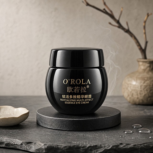 超写实美妆产品摄影。
主体：眼霜严格参照上传产品图，完整保留所有可见组件、部件、轮廓、结构、比例、材质、颜色与产品本体上的文字信息（logo/品牌名/产品名/英文等），与上传图完全一致；自然融入场景光影，与场景共处同一物理空间。产品占画面60%，完整不裁切，中景构图，背景无其他同类护肤品。
构图：居中对称，微侧10°平视。
风格：东方禅意。
场景：极简禅意空间，静谧清晨光线。
空间：①产品后方，浅米灰色水泥肌理墙面；②承载面，深灰色哑光石板台面；③背景远处，一枝黑色枯枝斜插于粗陶瓶中。
陈设：①眼霜（主体）放置于石板台中央的黑色哑光圆形底座上；②底座左侧，一块不规则形状的米白色粗陶小碟；③底座右侧，几滴水珠晶莹剔透，散落在石板上；④背景中，粗陶花瓶插着一枝深褐色枯枝，形态简约苍劲。
配色/材质：曜石黑/香槟金/浅灰/米白；亮面陶瓷/哑光石材/粗陶/水珠。
光影：主光从正前方高位洒下，柔和无影，突出瓶身亮面质感与金色文字光泽；瓶身底部投射柔和阴影，空间静谧高级。
动态生机：一缕极淡的白色水汽从瓶侧缓缓升起，增添禅意灵动。
参数：100mm微距镜头，4K写实光追，浅景深。严格锁定宽高比为1:1。