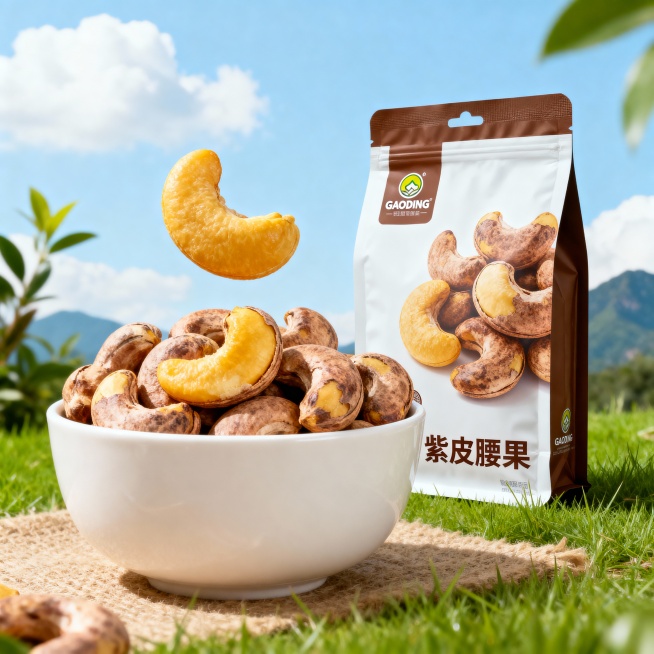 “超高清食品摄影，一碗腰果，部分腰果露出金黄的果肉，其中一颗腰果自然悬浮在空中；碗的右边放着印有腰果图片和logo‘GAODING’和“紫皮腰果”字样的棕色与白色的包装自立袋；背景是景是浅蓝天、白云和预览效果