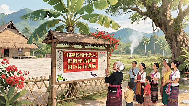 去掉图片背景中的船，将该区域替换为和周边一致的开阔草地树林环境，保留所有前景人物、告示牌、茅草屋、大树等内容不变，保持整体卡通插画风格一致，修改后画面自然协调