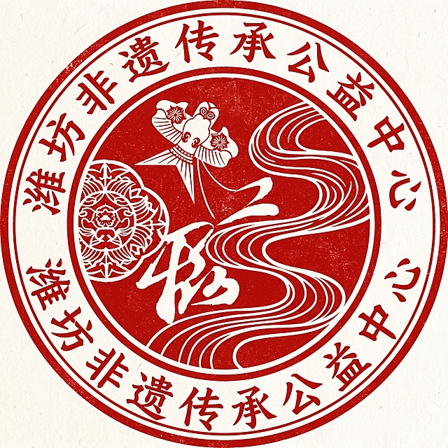 根据参考图的圆形印章风格，生成潍坊非遗传承公益中心的logo，保留红白色传统圆形设计，中心结合潍坊元素，外圈环绕中文'潍坊非遗传承公益中心'，整体保持非遗文化的传统风格