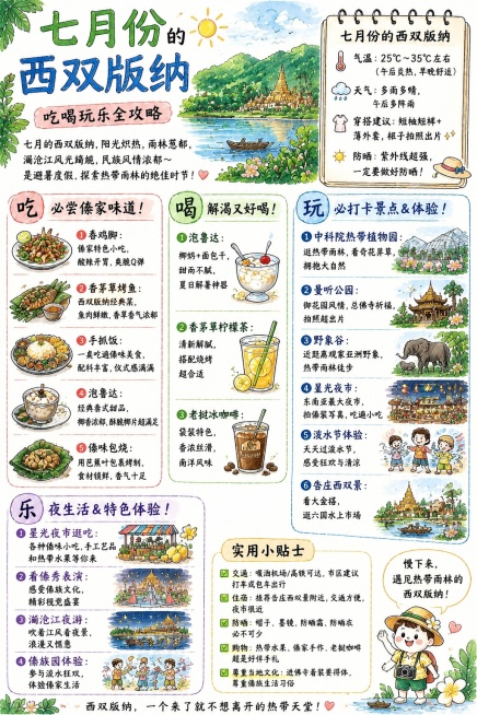 手绘水彩手账风格，可爱治愈风，版式复刻参考图，保持原图的分区结构和排版，整体画面是西双版纳7月旅游攻略。
主标题文字 "七月份的西双版纳" 字号最大，副标题文字 "吃喝玩乐全攻略"。整体比例 2:3，预览效果