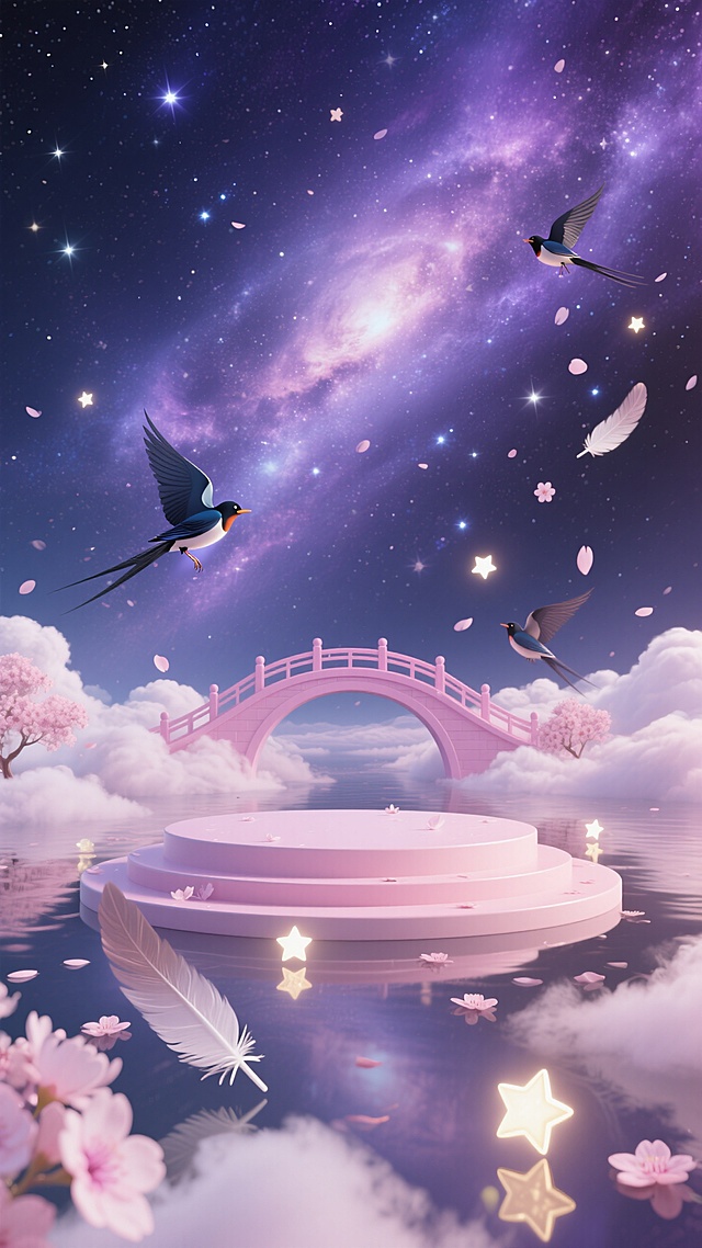 七夕梦幻插画风，浪漫银河桥，超现实主义场景，唯美感十足。