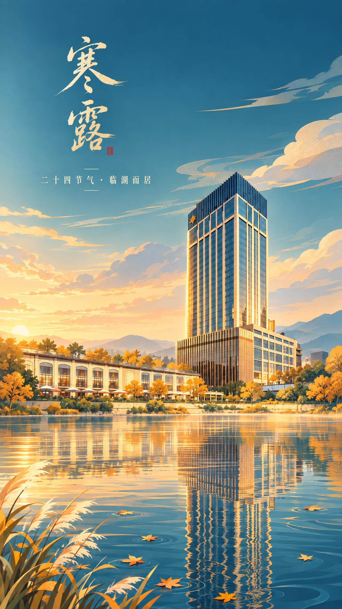 将这张寒露酒店海报转换为高级插画风格。保留竖版构图、酒店建筑形… - 图片创意预览