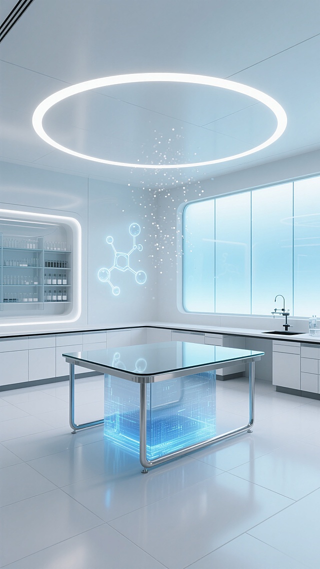 极简全景构图，未来感超净实验室核心区域，通体采用哑光纳米陶瓷与超白玻璃构建，地面是无缝拼接的防静电白色复合树脂板，映射着悬浮式环形LED灯带的冷白光，中央是L形悬浮实验台，台面由超透明石英玻璃制成，下方可见蓝色脉冲数据流在半透明的钛合金支架中流动，左侧墙面上嵌入全息投影式试剂存储系统，显示着分子结构的三维模型，右侧是一整面可变色智能玻璃幕墙，当前呈现为淡蓝色半透明状态，过滤后的自然光与室内照明完美融合，空气中悬浮着微小的全息粒子，整体色调为纯净白与科技蓝的和谐共生，线条极致简洁，空间感通透，营造出超越现实的理性与精确之美。