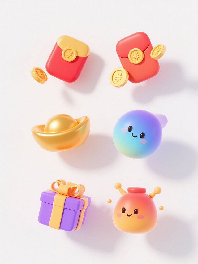 6个不同配色、不同样式的促销主题元素，每个元素均采用圆润可爱的3D立体风格，具有光滑的渐变表面和柔和的高光，包含红包、金币、元宝、礼盒等元素，元素之间有细微的动态感如金币的悬浮效果，所有元素在纯白色背景上呈水平直线排列整齐，间距均匀，整体色彩明快鲜艳，营造出喜庆热闹的促销氛围，光影统一为柔和的顶部光源，带有轻微的投影增强立体感。