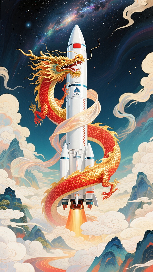 巨大白色火箭居画面中心为核心焦点，红金色的巨龙环绕火箭，披帛环绕火箭飘逸展开，背景下方山峦、上方星空，空间延伸，梦幻色彩和光影变化，具有丰富的层次感