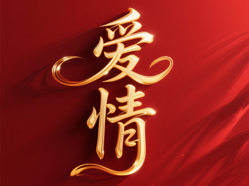 爱情”二字，流动的金色笔触，文字竖向排列，深红色背景预览效果