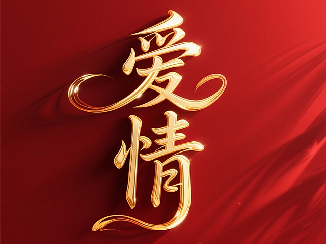 爱情”二字，流动的金色笔触，文字竖向排列，深红色背景