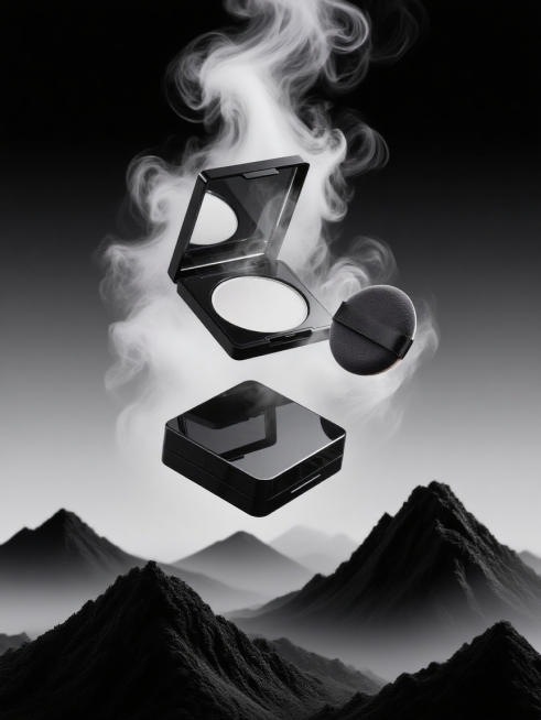 产品周围白色烟灰，飘扬面积大，粉量少，粉质轻盈，黑色渐变背景，下访黑色假山，一键换背景，电商商品图预览效果