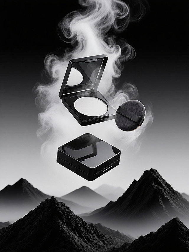 产品周围白色烟灰，飘扬面积大，粉量少，粉质轻盈，黑色渐变背景，下访黑色假山