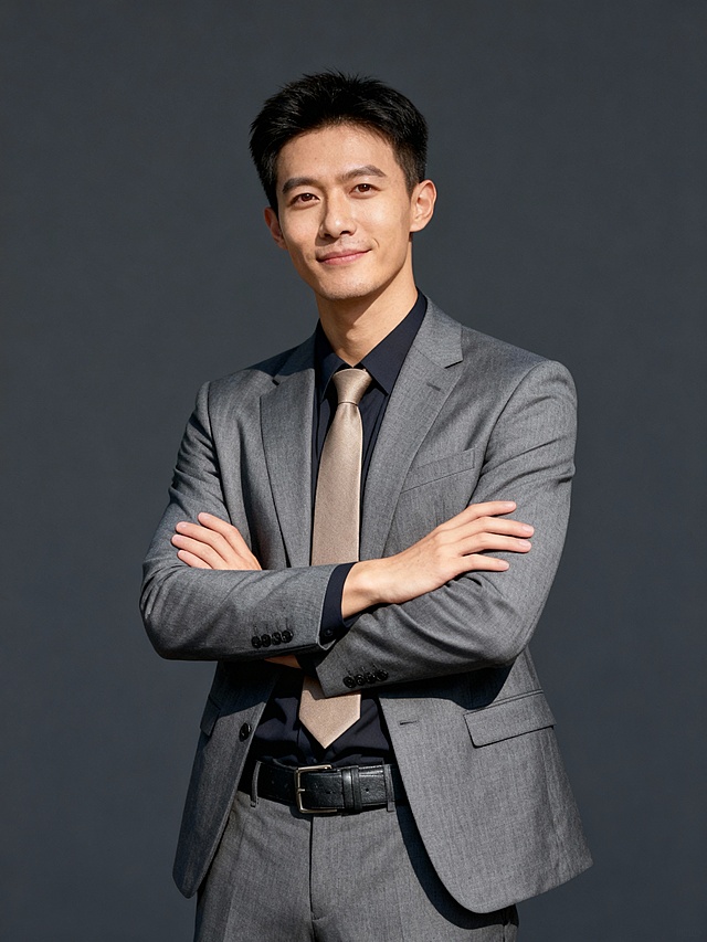 商务专业灰色西装抱胸男性职业形象照