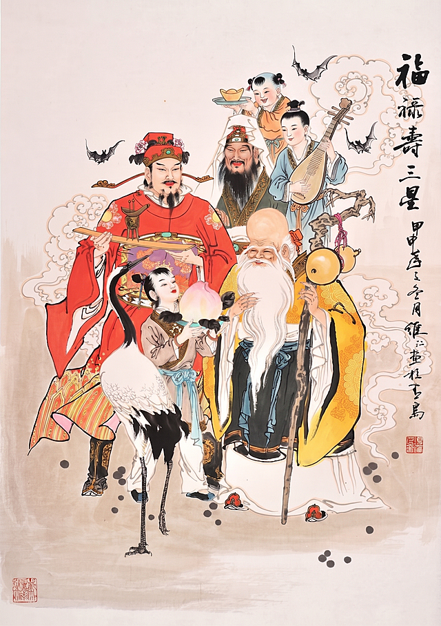 在这幅福禄寿三星国画中，按照原有中式国画风格，自然增加2个人物，保持整体构图、色彩和绘画风格不变，不改变原有所有元素